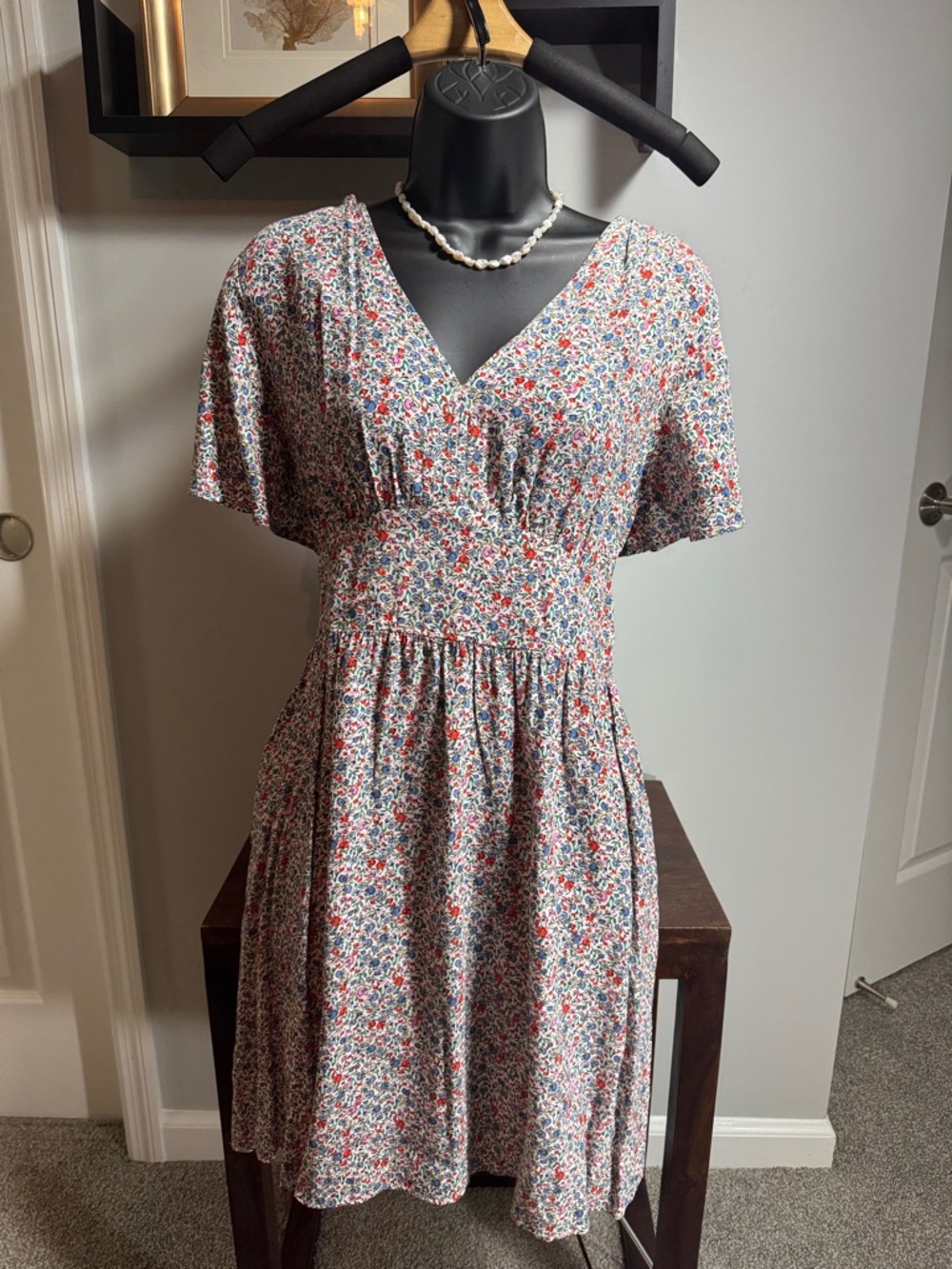 LOFT Floral Midi Dress in White with Red & Blue Print